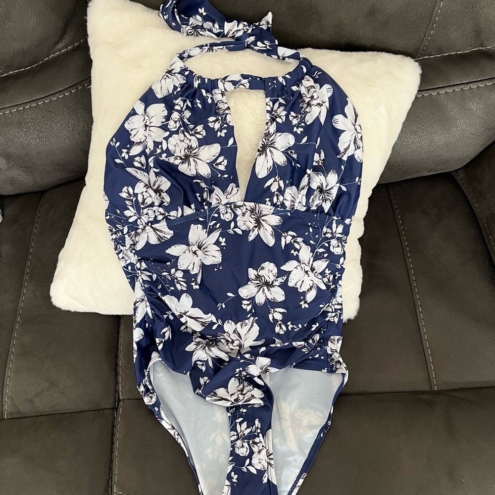 NWT navy & white floral halter swimsuit
